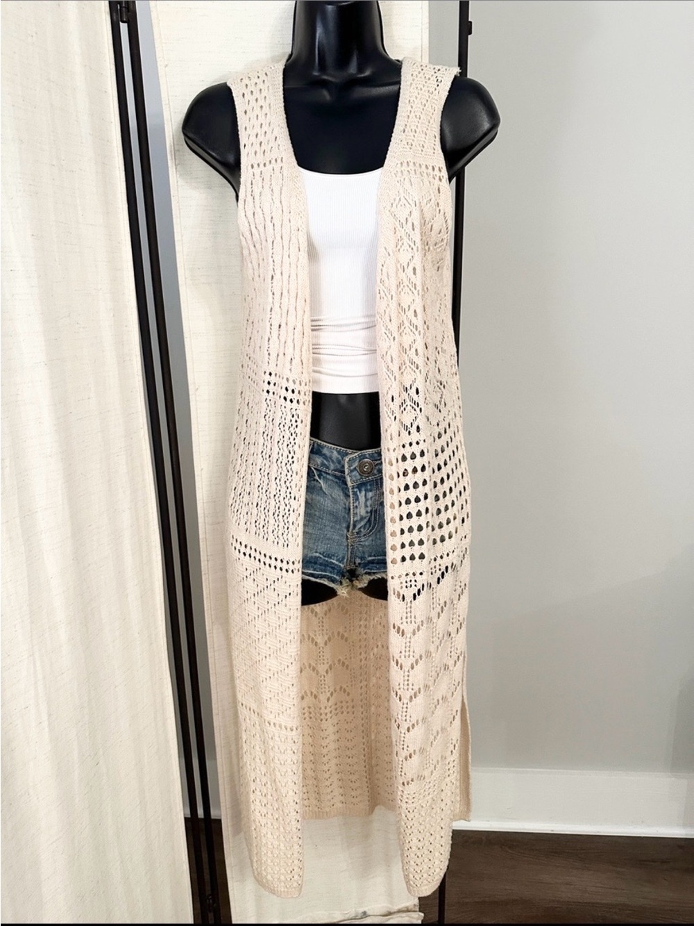 Altar’d State Knit Sleeveless Ivory Cardigan Sweater Duster Top S/M